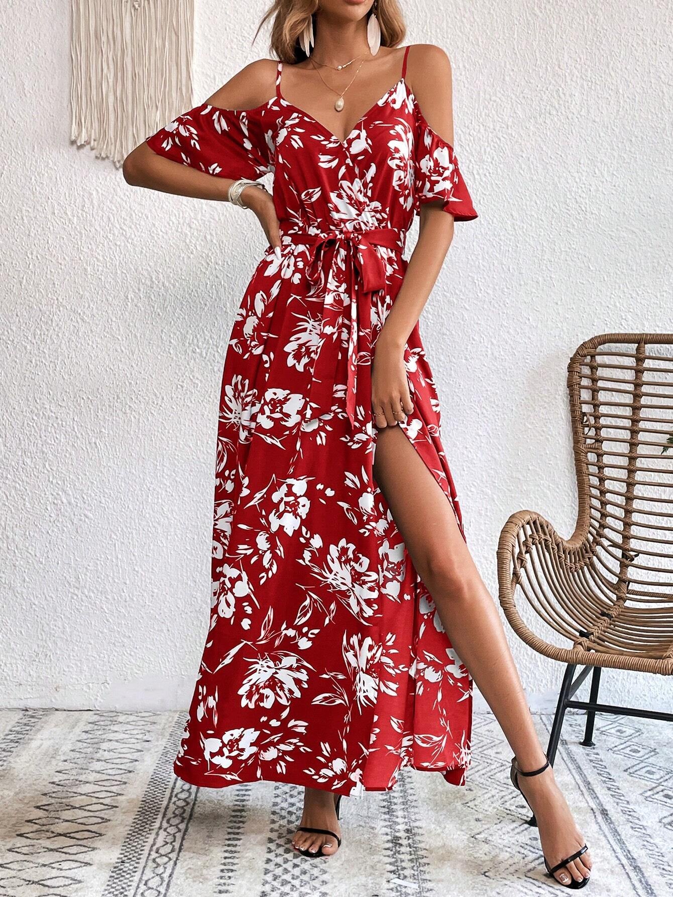 Vivid Eden Summer Woman Floral Print Cold Shoulder Wrap Hem Belted Dress