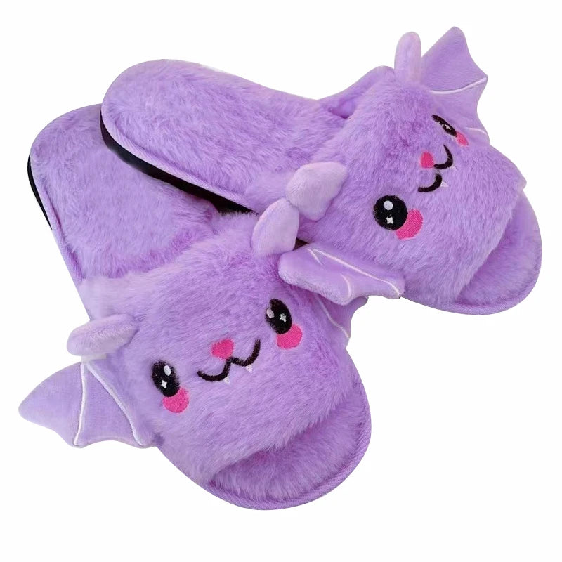 Halloween New Bat Slippers Women Plush Shoes Lightweight Home Silent Fuzzy Slipper Men Flip Flops Cartoon Kid Adults Flat Slides