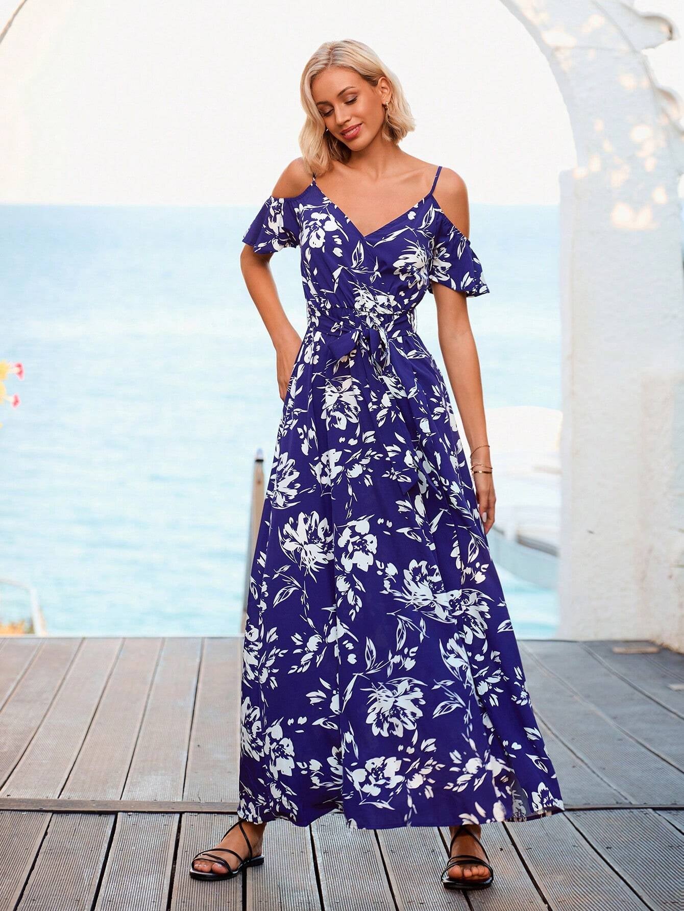 Vivid Eden Summer Woman Floral Print Cold Shoulder Wrap Hem Belted Dress