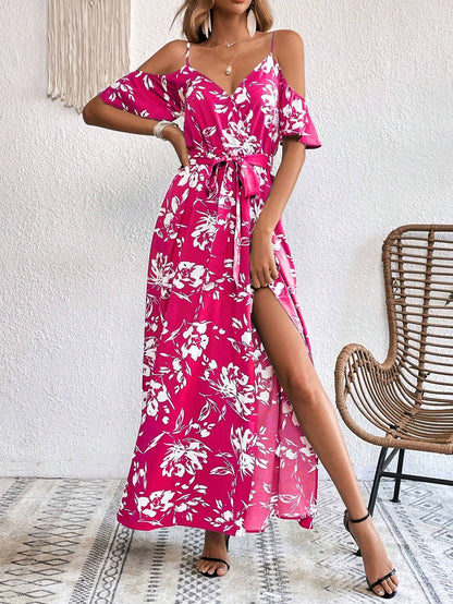 Vivid Eden Summer Woman Floral Print Cold Shoulder Wrap Hem Belted Dress