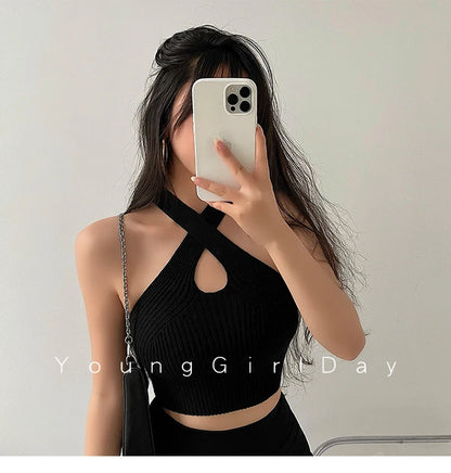 Women Y2K Halter Tops Female Knitted Tank Tops Solid Sexy Tops Women off Shoulder Crop Tops for Women 2023 Summer