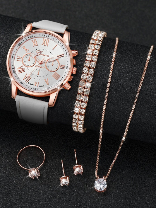 Women'S Fashionable Quartz Watch with Three Sub-Dials, Roman Numerals & Jewelry Set (6Pcs/Set) as a Gift for Students Returning to School