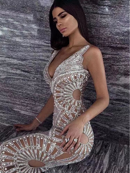 2022 New Fashion Chic Silver Sequin Ruffle Design V-Neck Backless Celebrity Party Club Maxi Long Party Dress