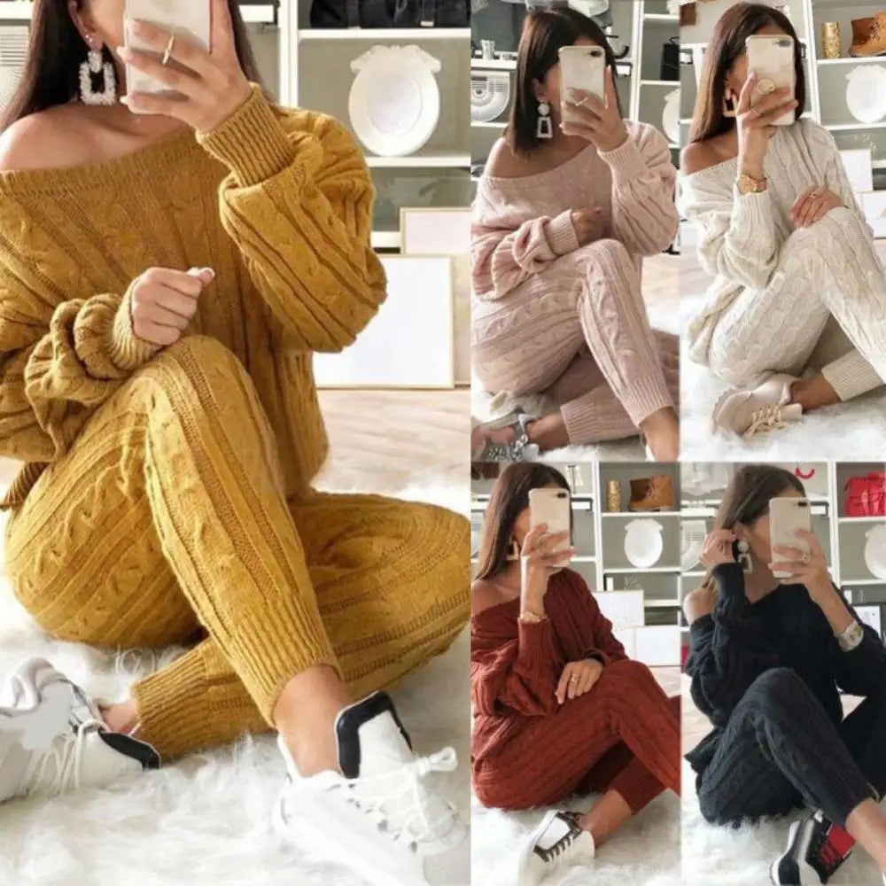 Hot Sale 2 Pieces Women'S Suit Winter Solid Color Knitted Pants Suit Women'S Long-Sleeved Knitted Casual Two-Piece Thick Sweater