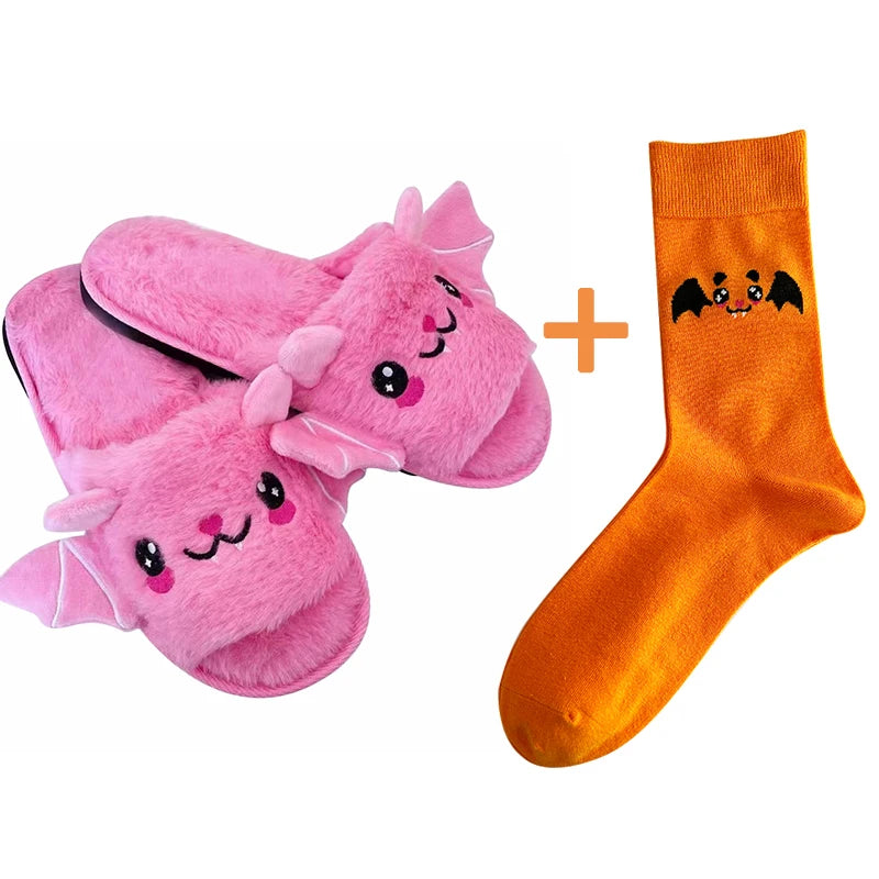 Halloween New Bat Slippers Women Plush Shoes Lightweight Home Silent Fuzzy Slipper Men Flip Flops Cartoon Kid Adults Flat Slides