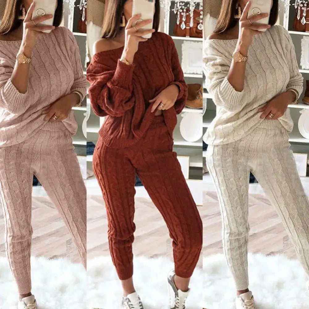 Hot Sale 2 Pieces Women'S Suit Winter Solid Color Knitted Pants Suit Women'S Long-Sleeved Knitted Casual Two-Piece Thick Sweater