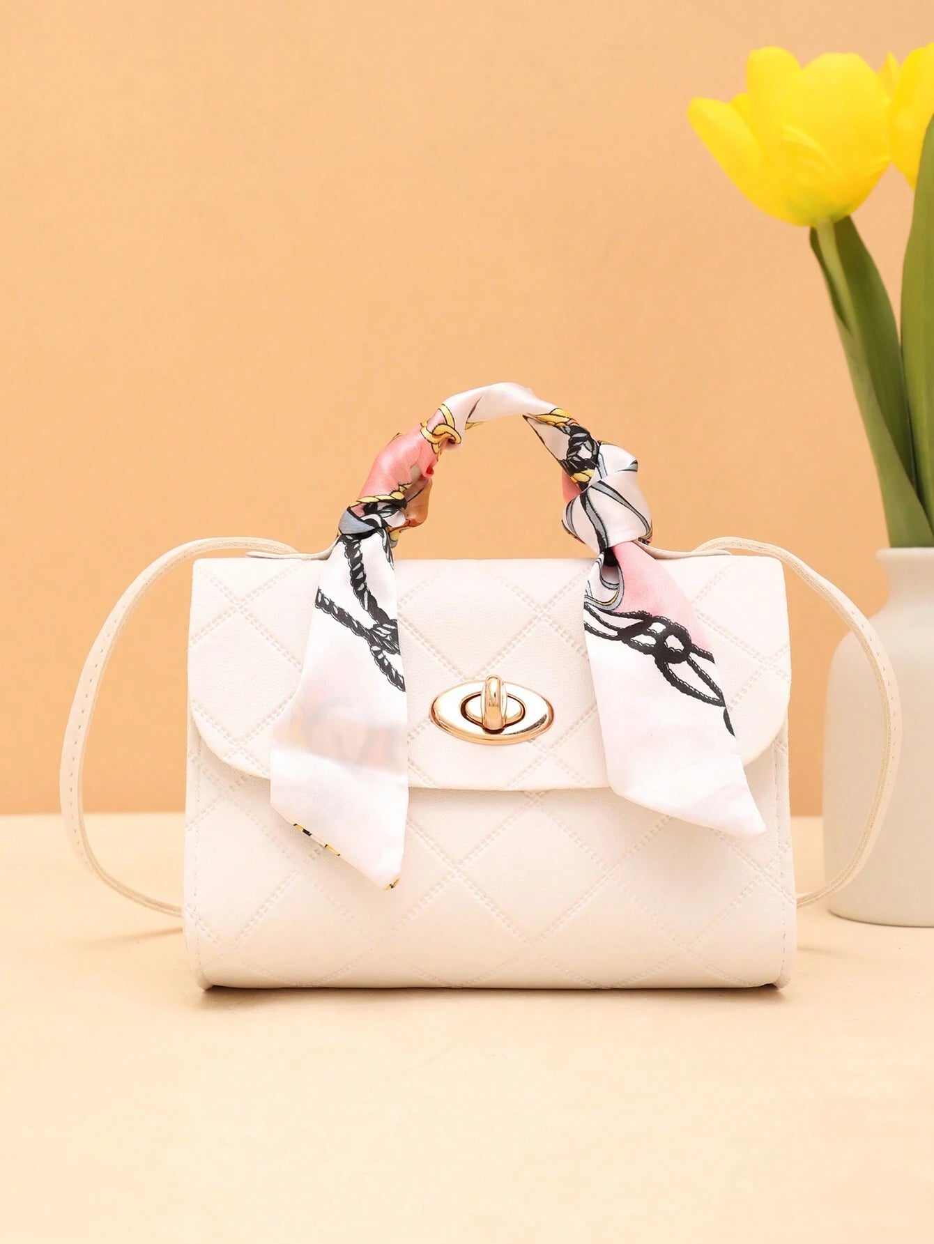 Bow Decor, Silk Scarf Decorated Small Square Bag for Daily Shopping