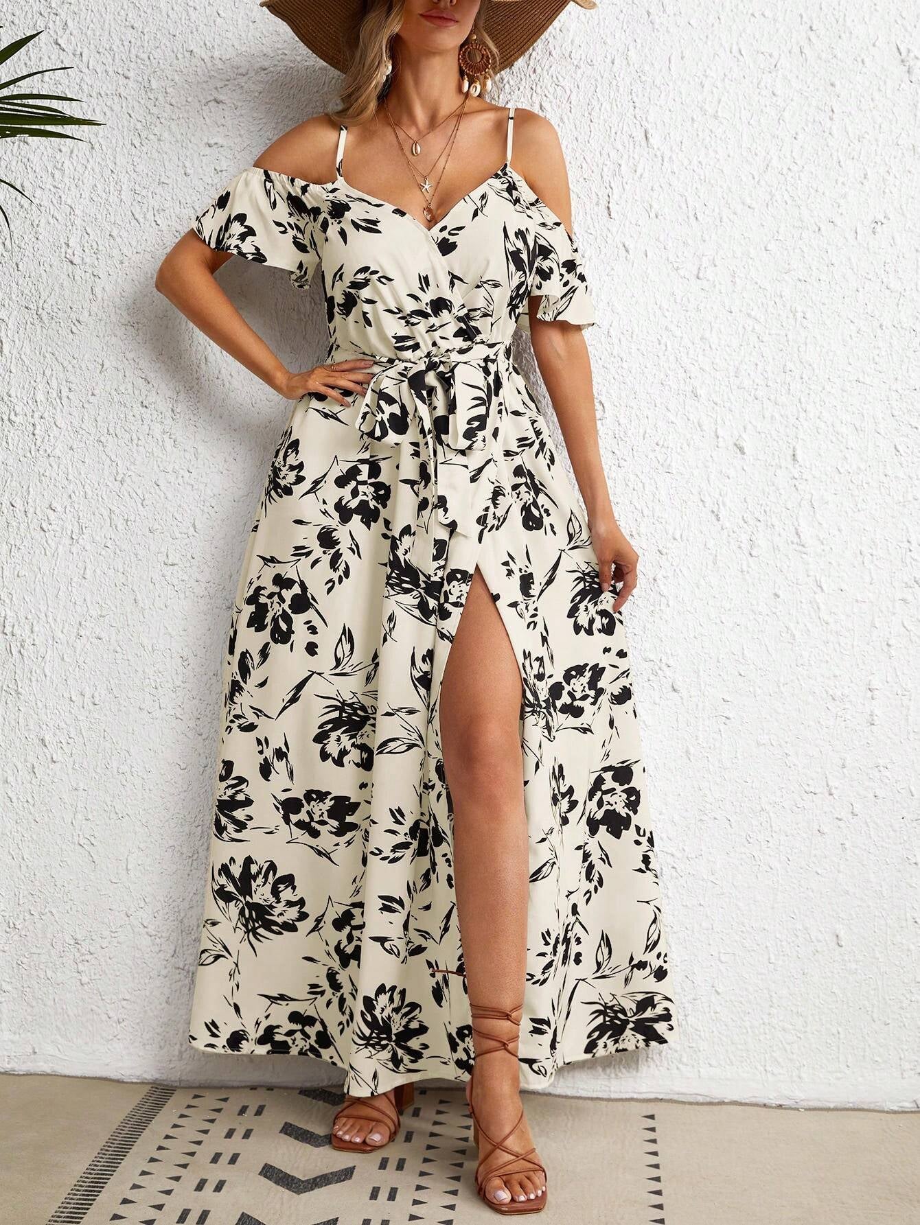 Vivid Eden Summer Woman Floral Print Cold Shoulder Wrap Hem Belted Dress