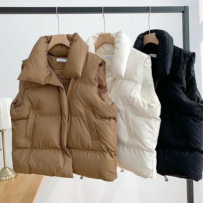 Autumn Winter Warm Solid Color Cotton Vest Women'S Vest Standing Collar Sleeveless Cotton Padded Outerwear Women'S Coat