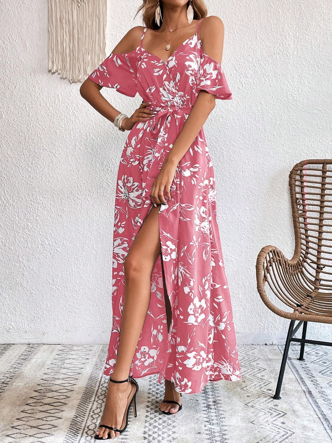 Vivid Eden Summer Woman Floral Print Cold Shoulder Wrap Hem Belted Dress