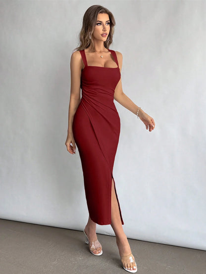 Firerie Women Square Neckline Ruched Waist Slit Dress, Elegant & Suitable for Vacation, Daily Wear or Wedding Season