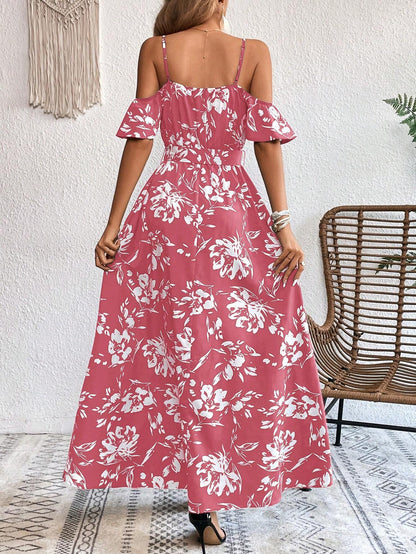 Vivid Eden Summer Woman Floral Print Cold Shoulder Wrap Hem Belted Dress