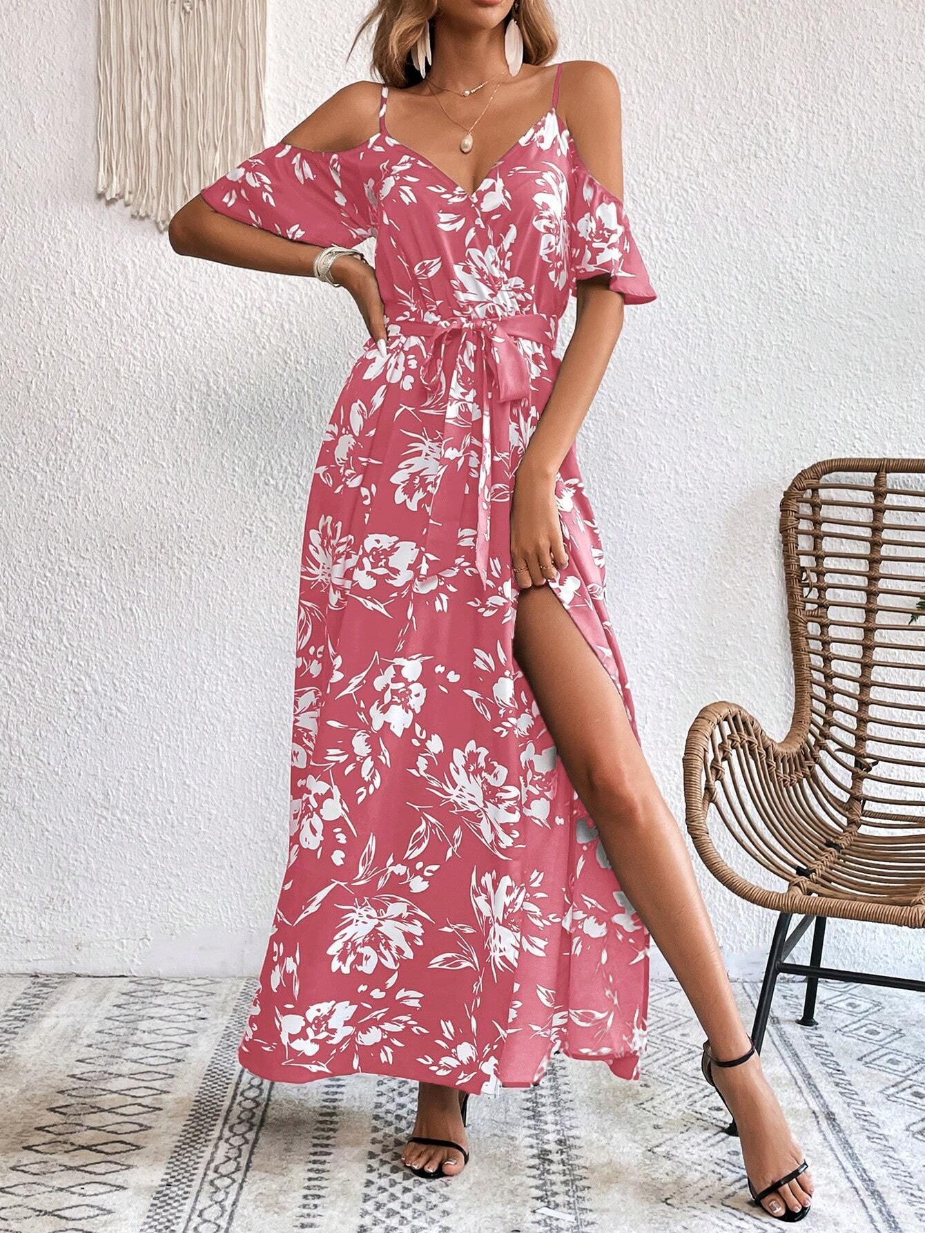 Vivid Eden Summer Woman Floral Print Cold Shoulder Wrap Hem Belted Dress