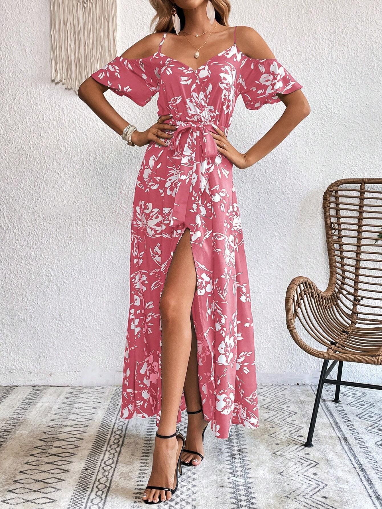 Vivid Eden Summer Woman Floral Print Cold Shoulder Wrap Hem Belted Dress