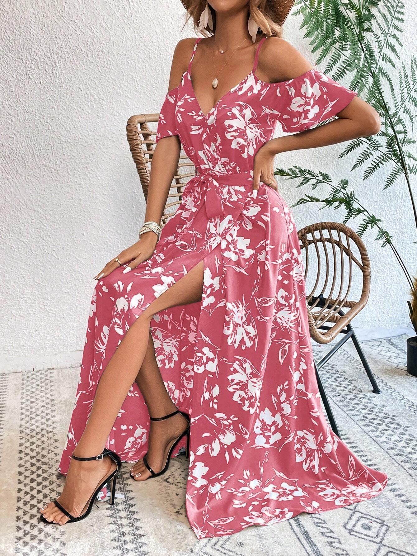 Vivid Eden Summer Woman Floral Print Cold Shoulder Wrap Hem Belted Dress