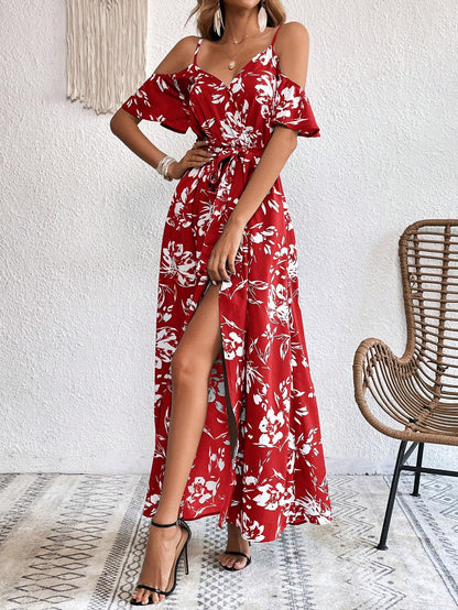 Vivid Eden Summer Woman Floral Print Cold Shoulder Wrap Hem Belted Dress