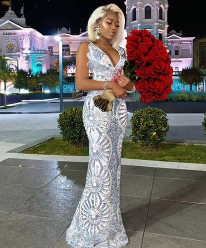 2022 New Fashion Chic Silver Sequin Ruffle Design V-Neck Backless Celebrity Party Club Maxi Long Party Dress