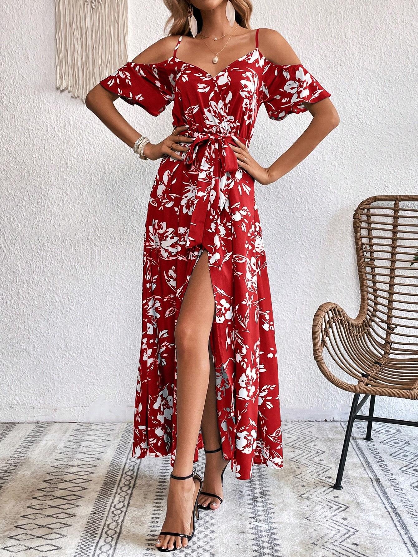 Vivid Eden Summer Woman Floral Print Cold Shoulder Wrap Hem Belted Dress